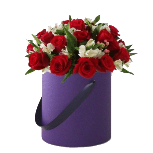 Фото товара 21 червона троянда з декором в коробці в Івано-Франківську