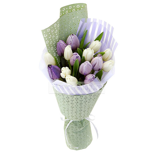 Фото товара 15 біло-фіолетових тюльпанів в Івано-Франківську