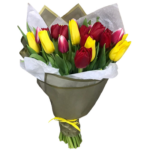 Фото товара 21 червоно-жовтий тюльпан у подвійній упаковці в Івано-Франківську